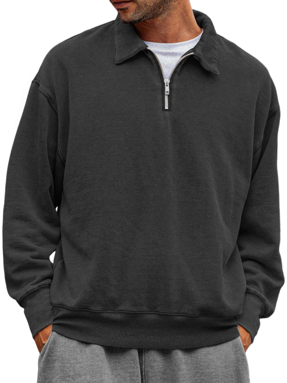 Men's Casual Half-zip Lapel Solid Color Comfortable Sweatshirt