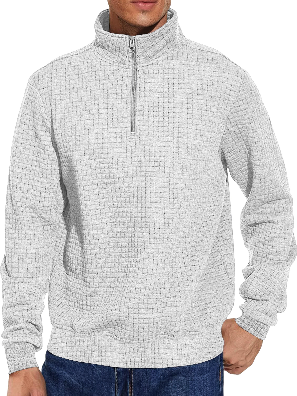 Men's Casual Stand Collar Zipper Checkered Solid Color Comfortable Sweatshirt