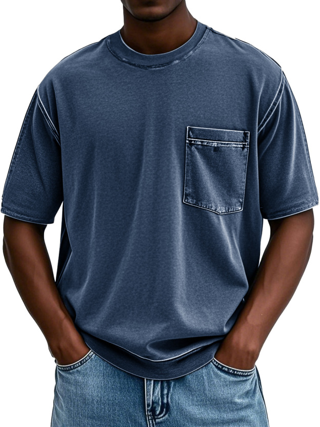 Men's Fashion Retro Distressed Round Neck Pocket Short-sleeved T-shirt