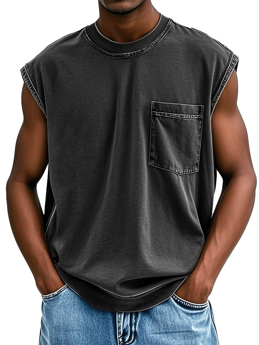 Men's Stylish Retro Distressed Short-sleeved Pocket Sleeveless T-shirt