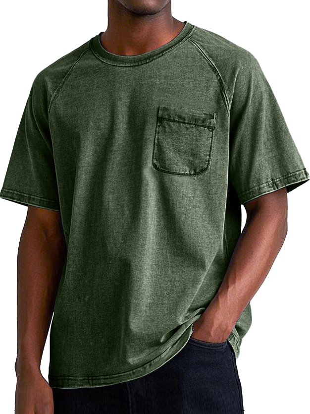 Men's Retro Round Neck Raglan Pocket Casual Short Sleeve T-Shirt