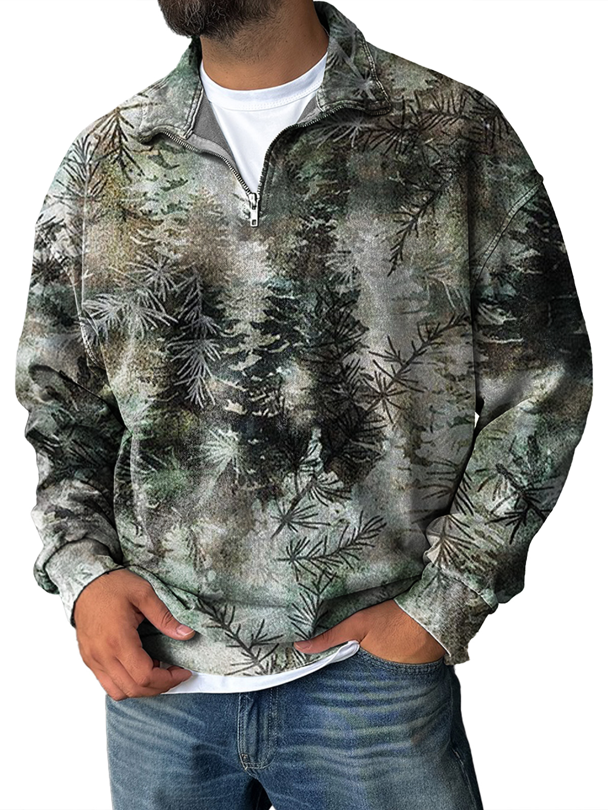 Men's Winter Forest Print Quarter Zip Sweatshirt