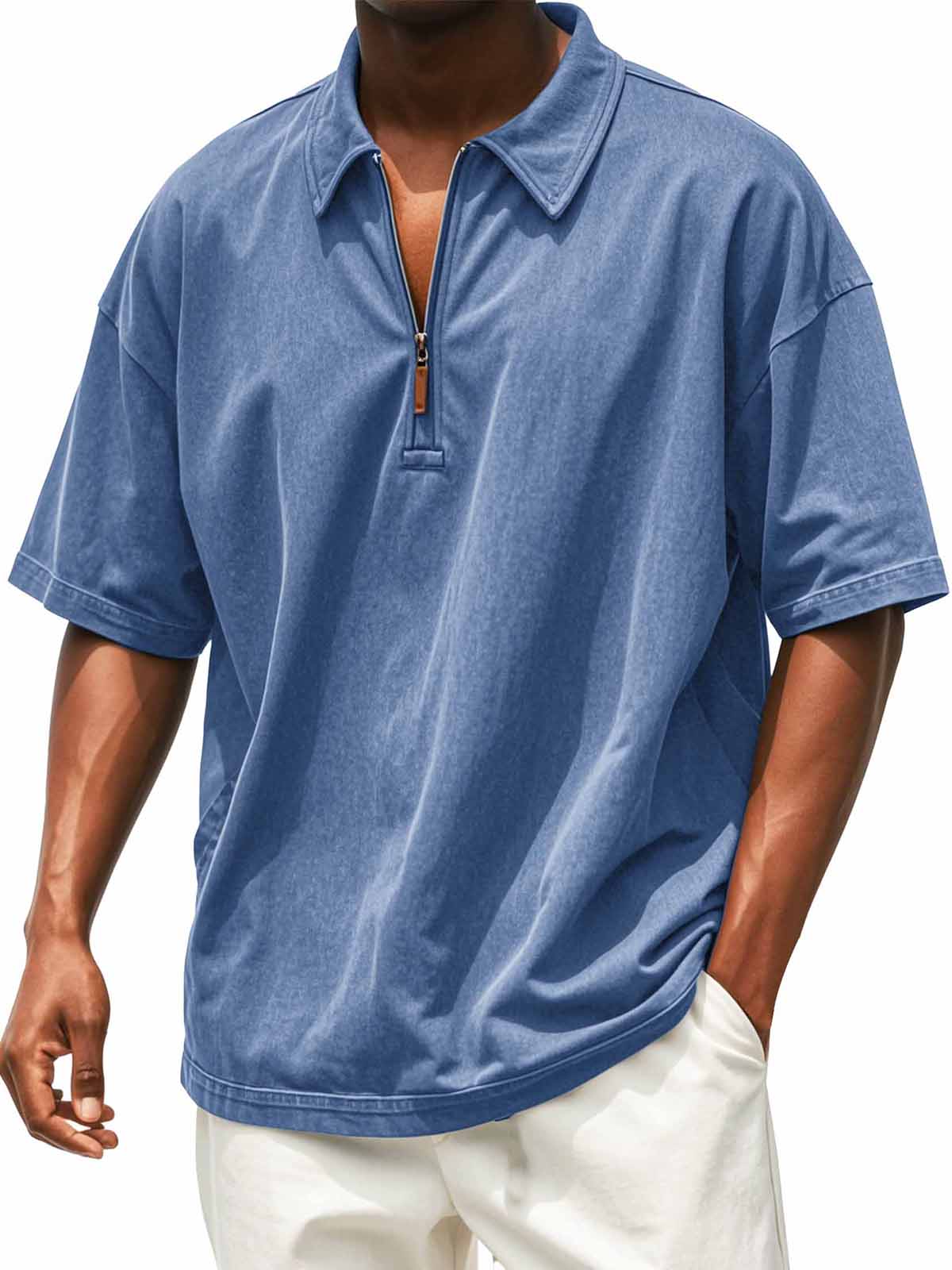 Men's Retro Distressed Zip Short Sleeve Polo Shirt