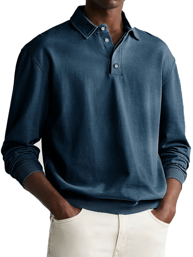 Men's Retro Distressed Comfortable Long Sleeve Lapel Polo Shirt