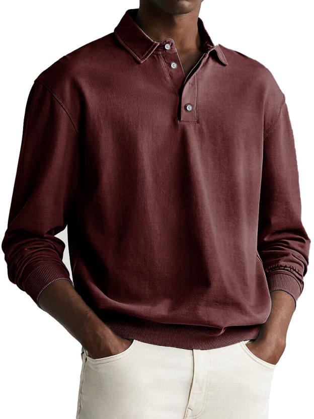 Men's Retro Distressed Comfortable Long Sleeve Lapel Polo Shirt