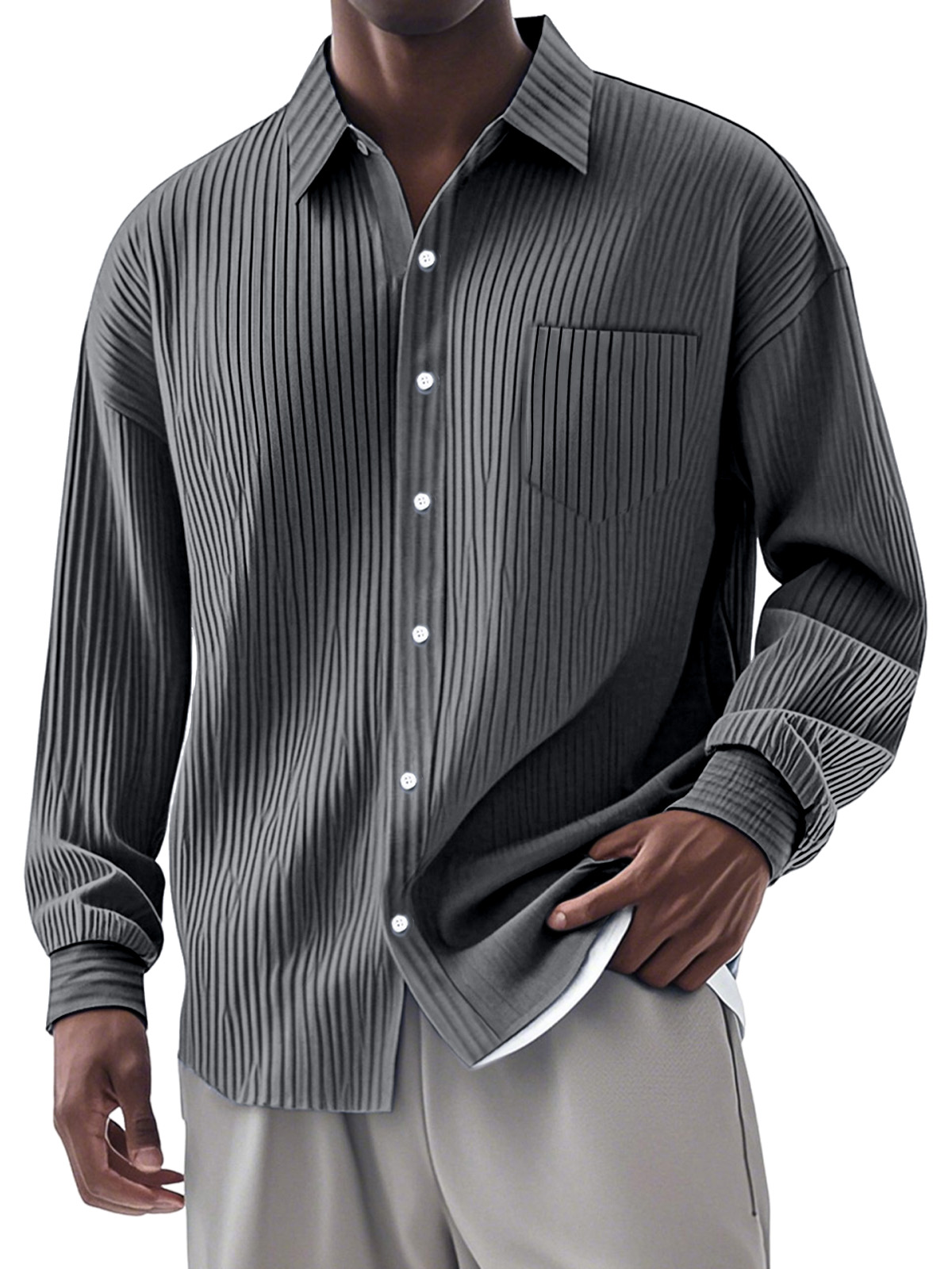 Men's Casual Simple Vertical Pit Strip Long-sleeved Lapel Shirt