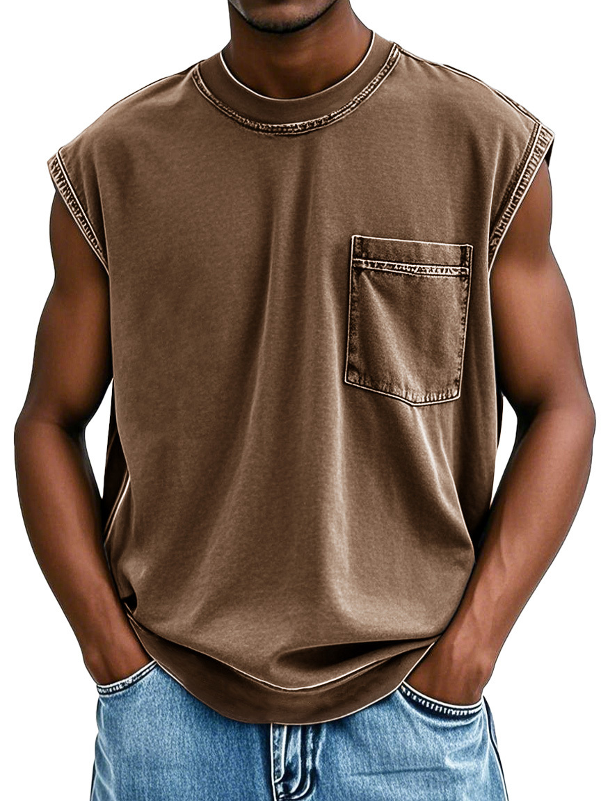 Men's Stylish Retro Distressed Short-sleeved Pocket Sleeveless T-shirt