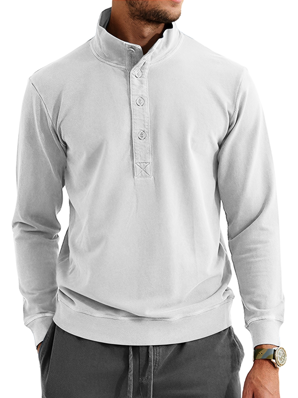 Men's Retro Casual Stand Collar Button Solid Color Sweatshirt