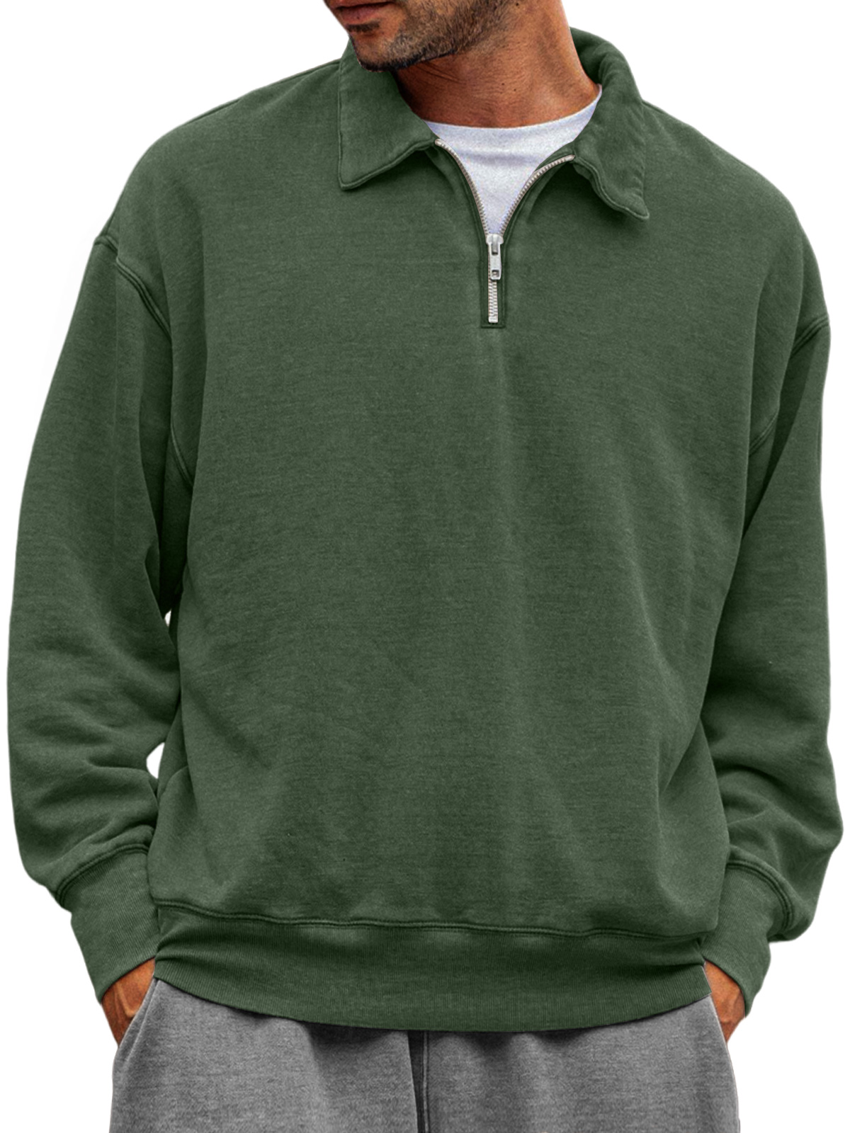 Men's Casual Half-zip Lapel Solid Color Comfortable Sweatshirt