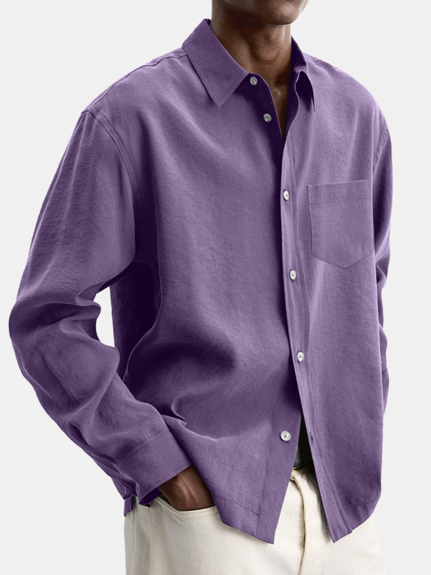 Men's Casual Basic Solid Color Lapel Pocket Long Sleeve Shir