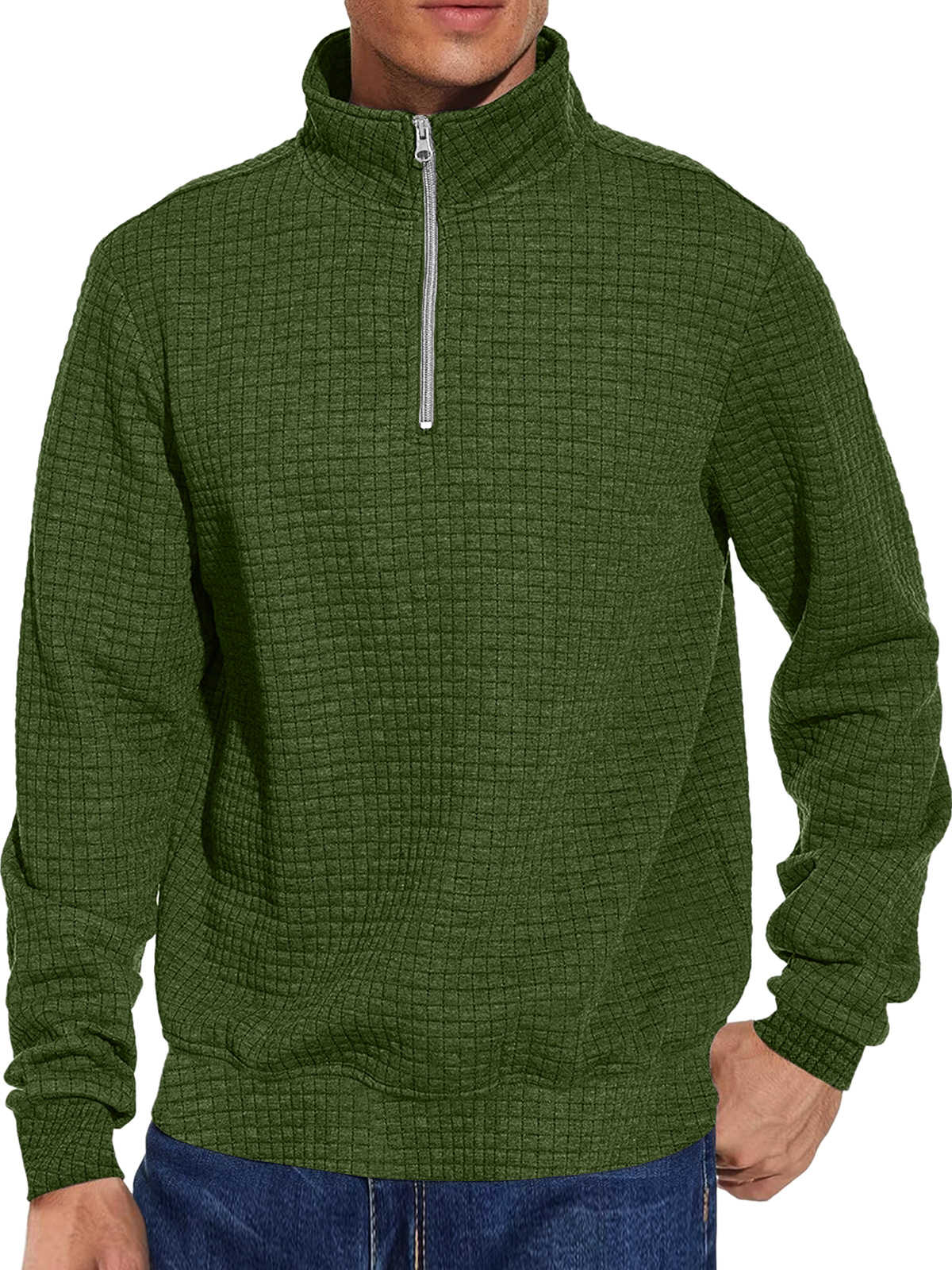 Men's Casual Stand Collar Zipper Checkered Solid Color Comfortable Sweatshirt