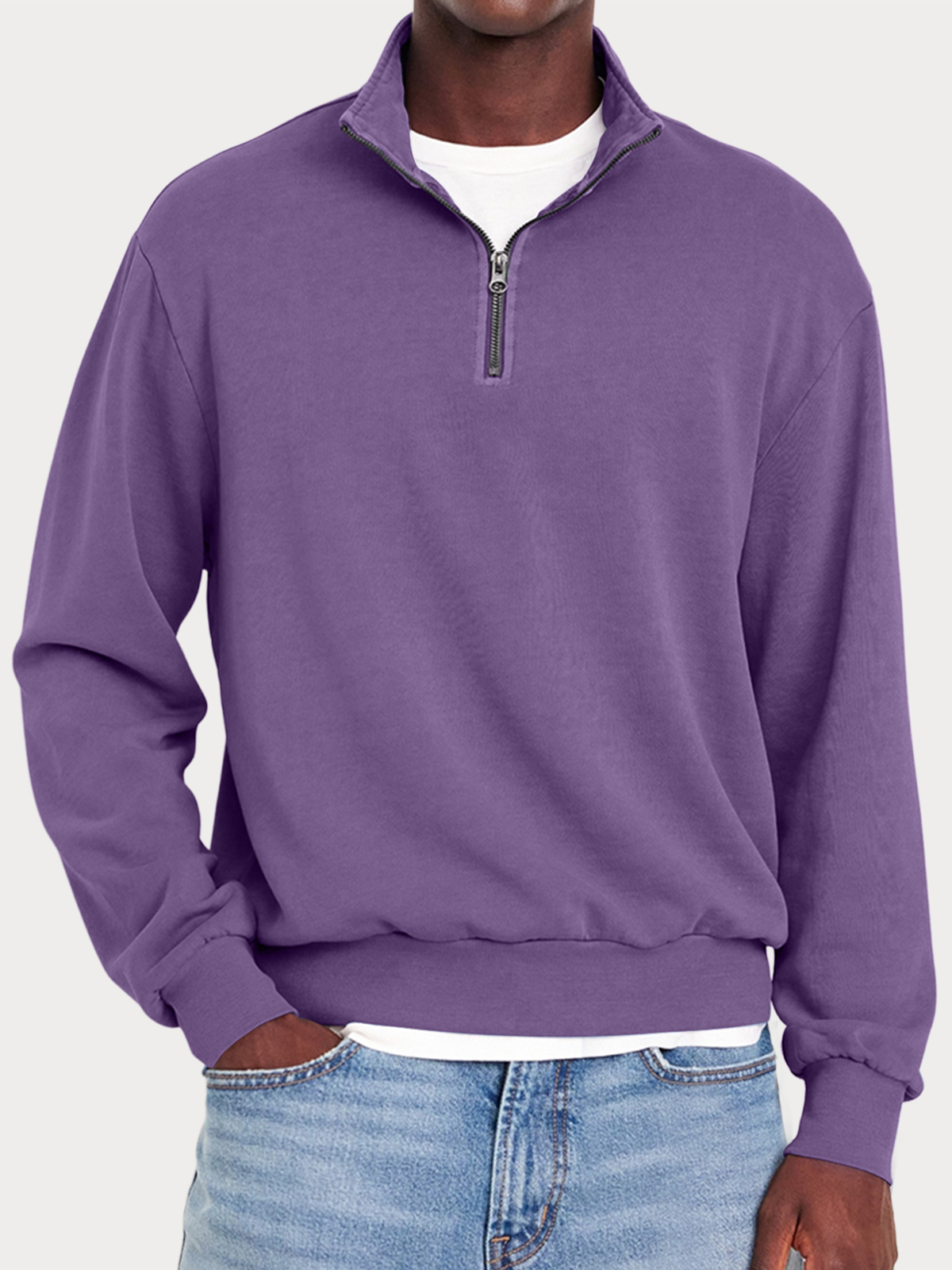 Men's Casual Zipper Half Turtleneck Solid Color Comfortable Sweatshirt