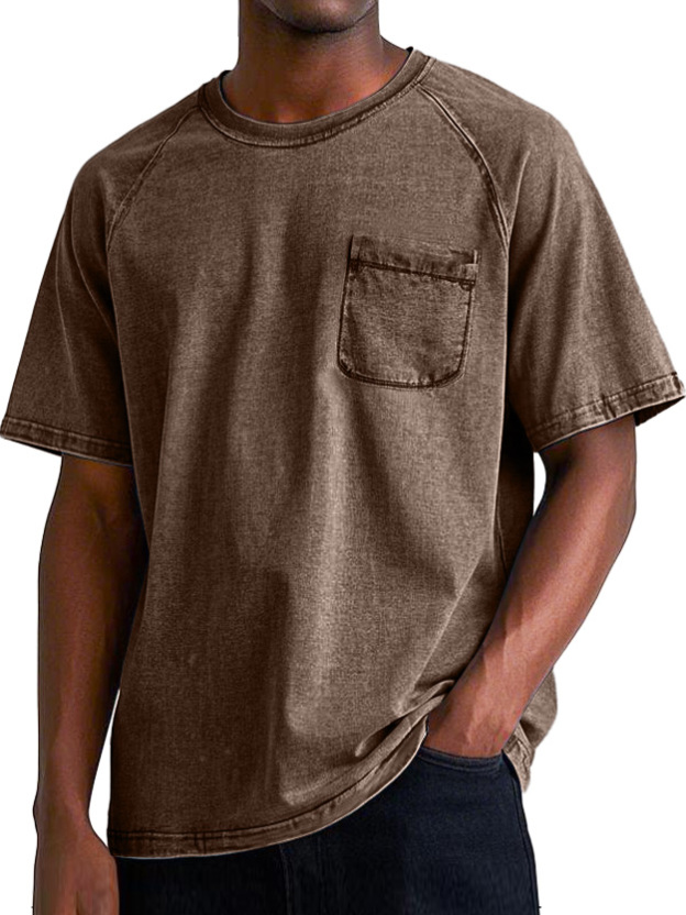 Men's Retro Round Neck Raglan Pocket Casual Short Sleeve T-Shirt