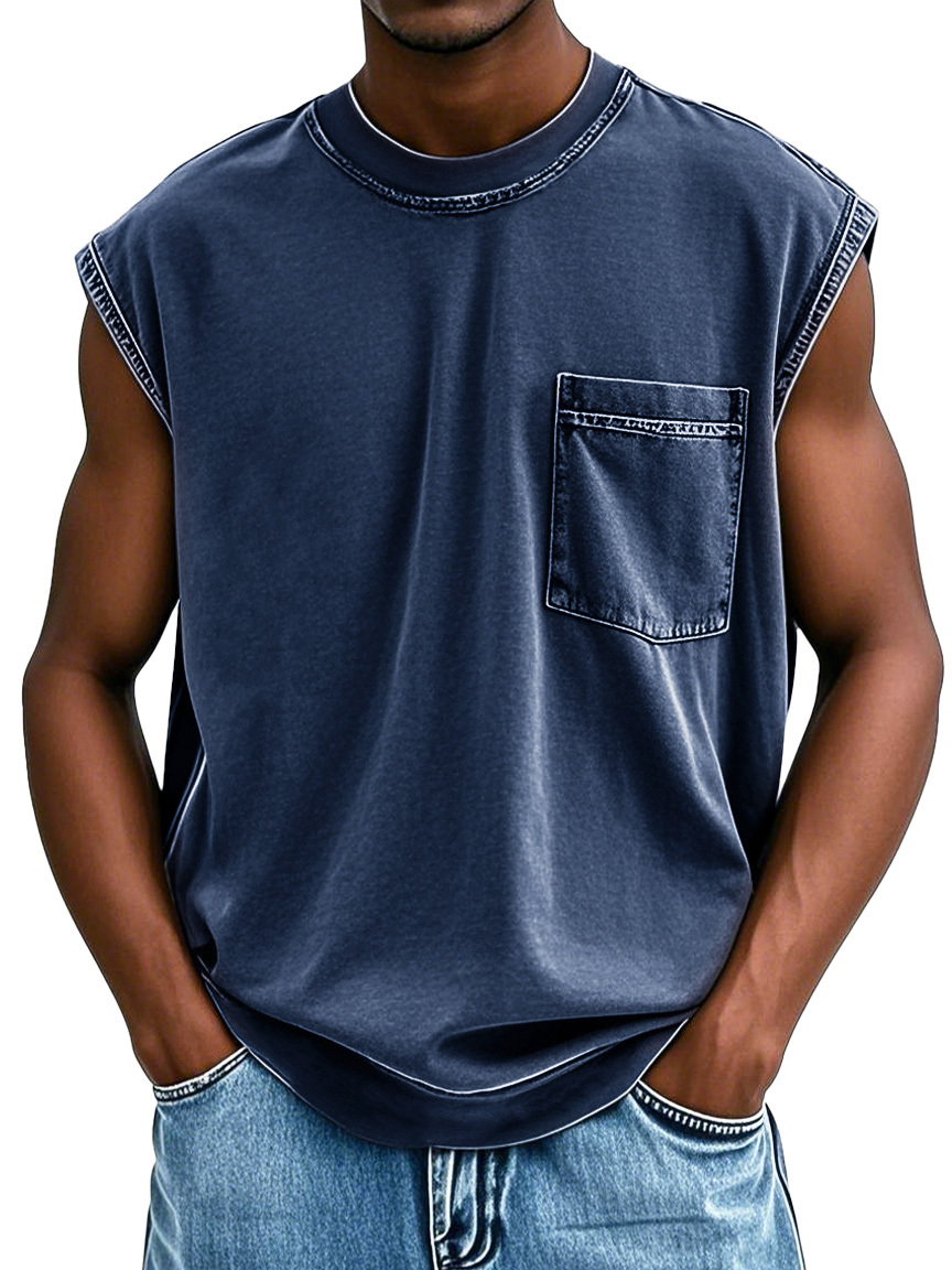 Men's Stylish Retro Distressed Short-sleeved Pocket Sleeveless T-shirt