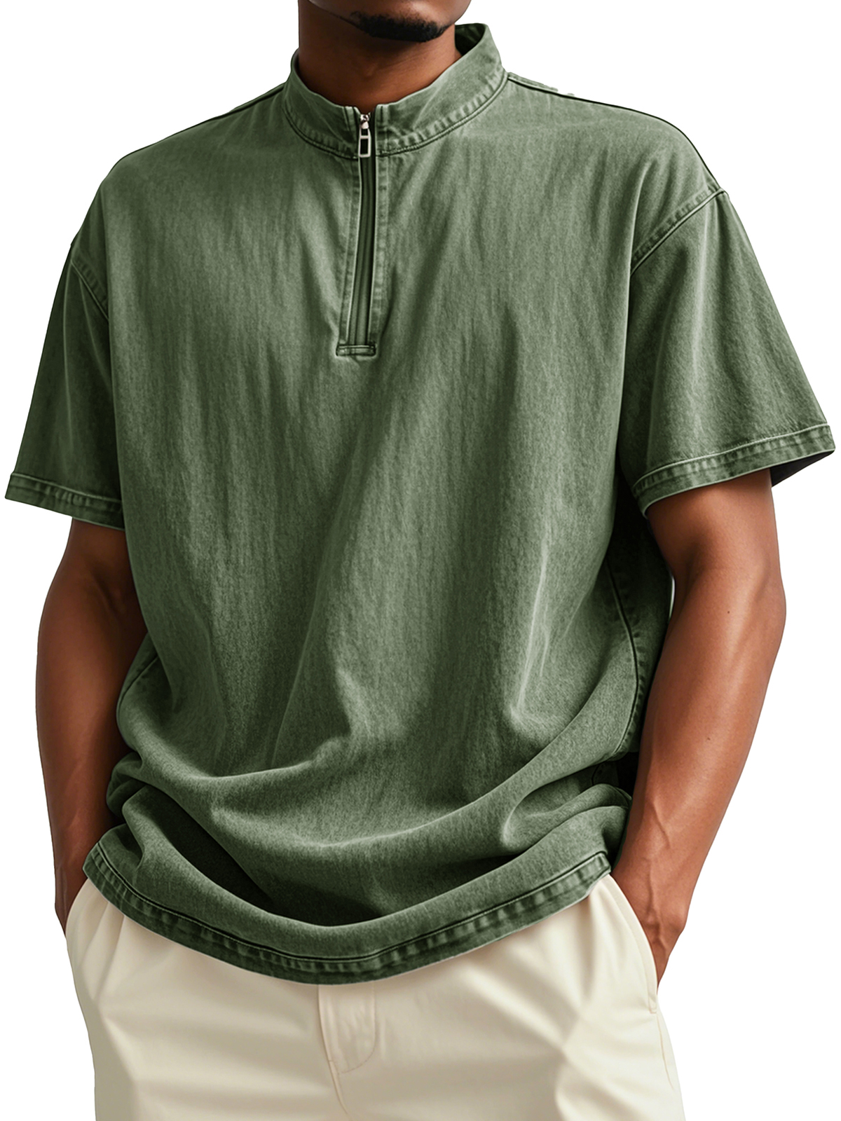 Men's Fashion Retro Distressed Short-sleeved Stand-up Collar Polo Shirt