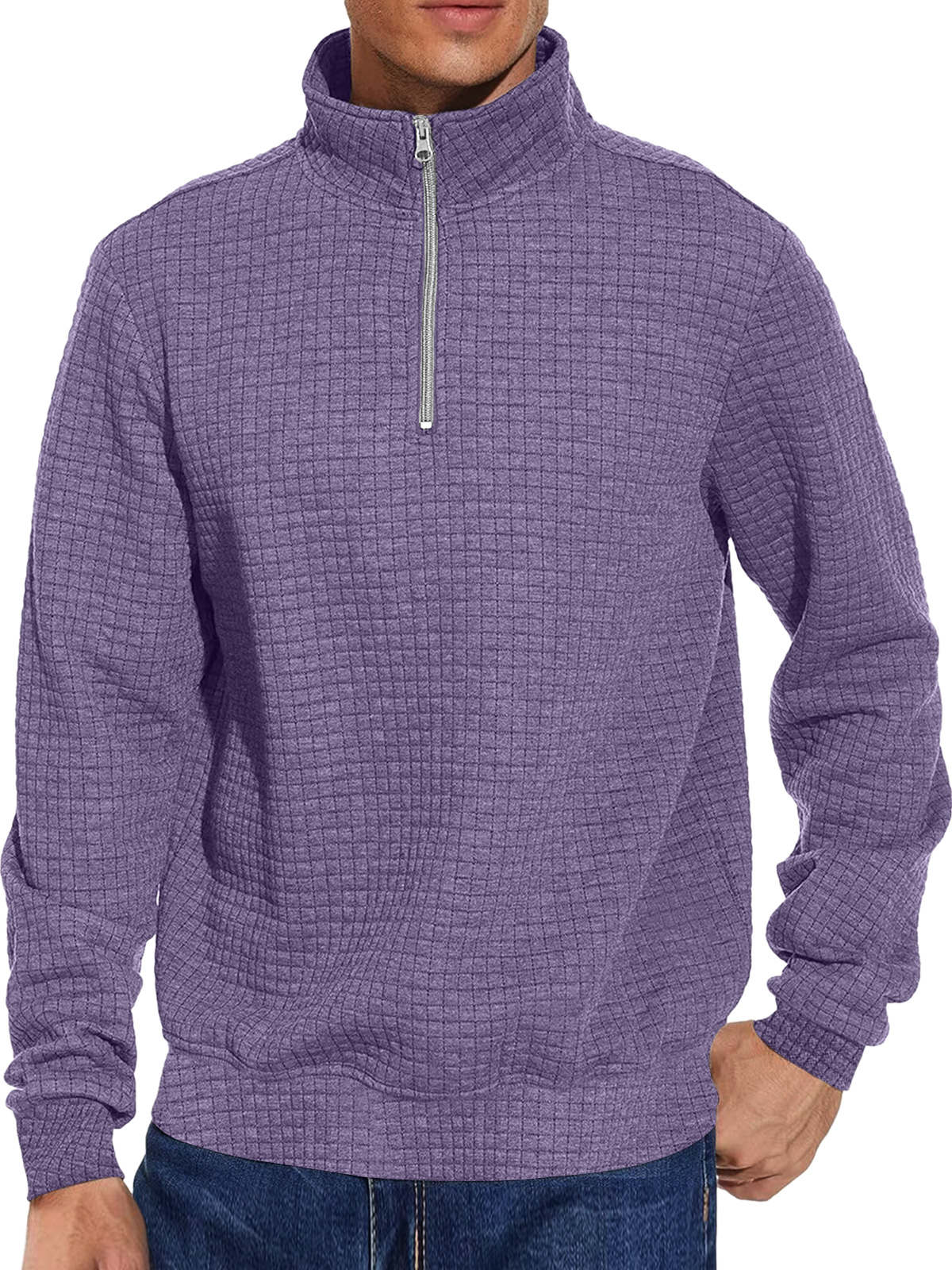 Men's Casual Stand Collar Zipper Checkered Solid Color Comfortable Sweatshirt