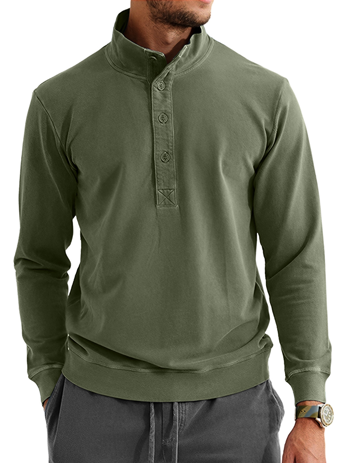 Men's Retro Casual Stand Collar Button Solid Color Sweatshirt