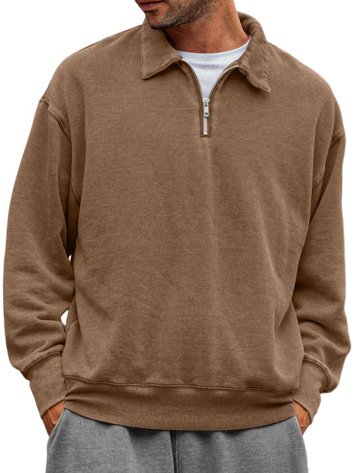Men's Casual Half-zip Lapel Solid Color Comfortable Sweatshirt