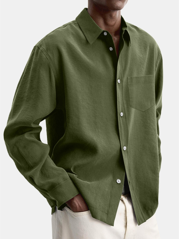 Men's Casual Basic Solid Color Lapel Pocket Long Sleeve Shir