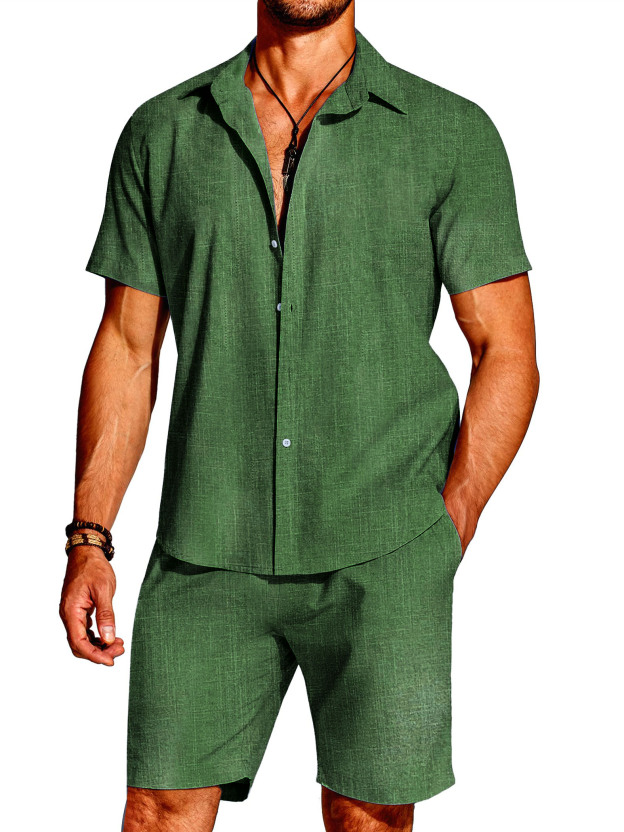 Hawaii Men's Fashion Linen Short Sleeve Shirt Short Sleeve Two Piece Set