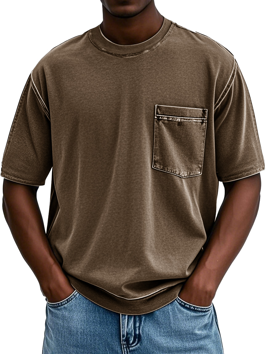 Men's Fashion Retro Distressed Round Neck Pocket Short-sleeved T-shirt