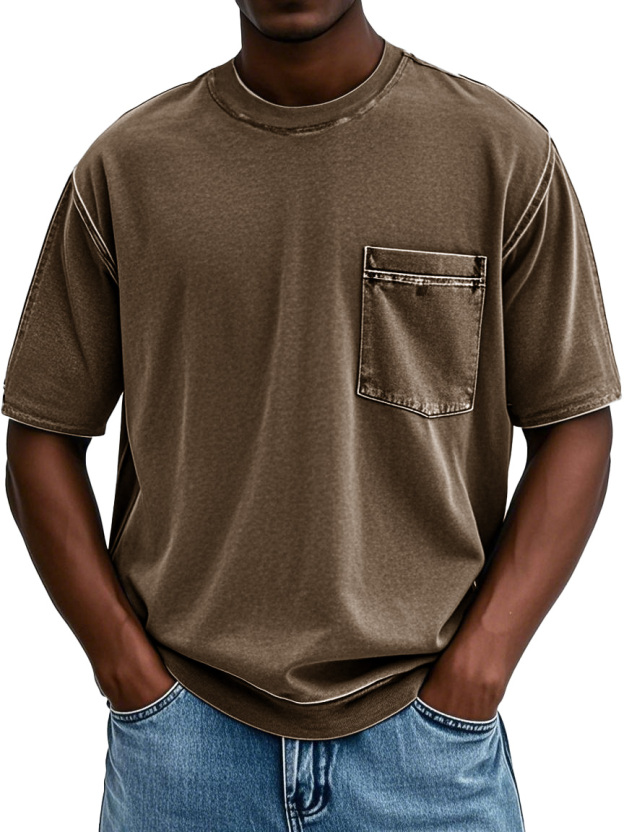 Men's Fashion Retro Distressed Round Neck Pocket Short-sleeved T-shirt