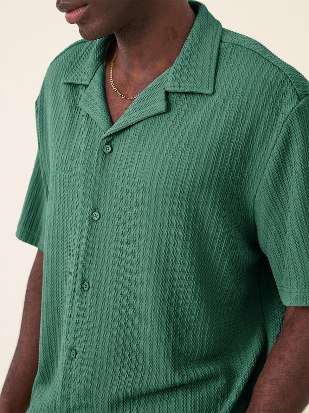 Men's Fashion Hawaiian Casual Jacquard Cuban Collar Short-sleeved Shirt 