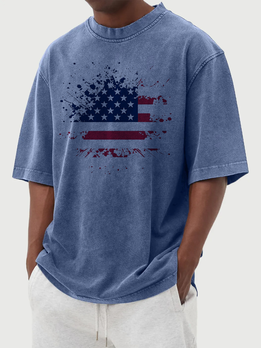 Men's Vintage Washed Flag Print Short Sleeve T-shirt 