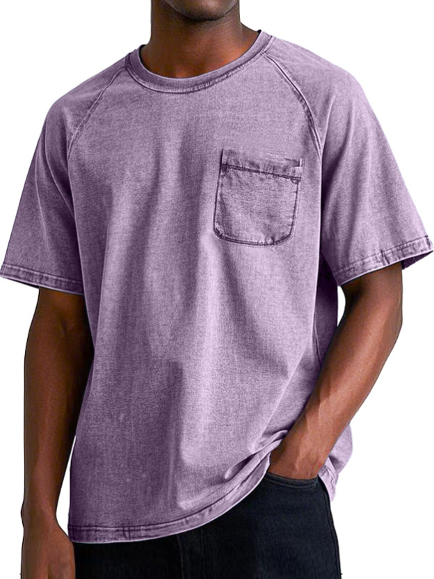 Men's Retro Round Neck Raglan Pocket Casual Short Sleeve T-Shirt