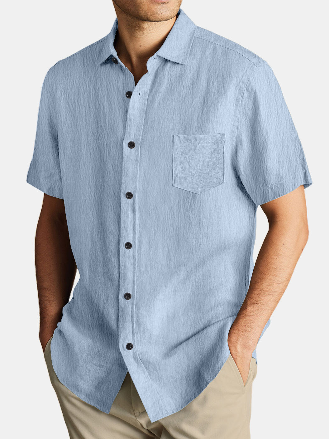 Men's Casual Basic Short Sleeved Shirt With Cotton And Linen Pockets