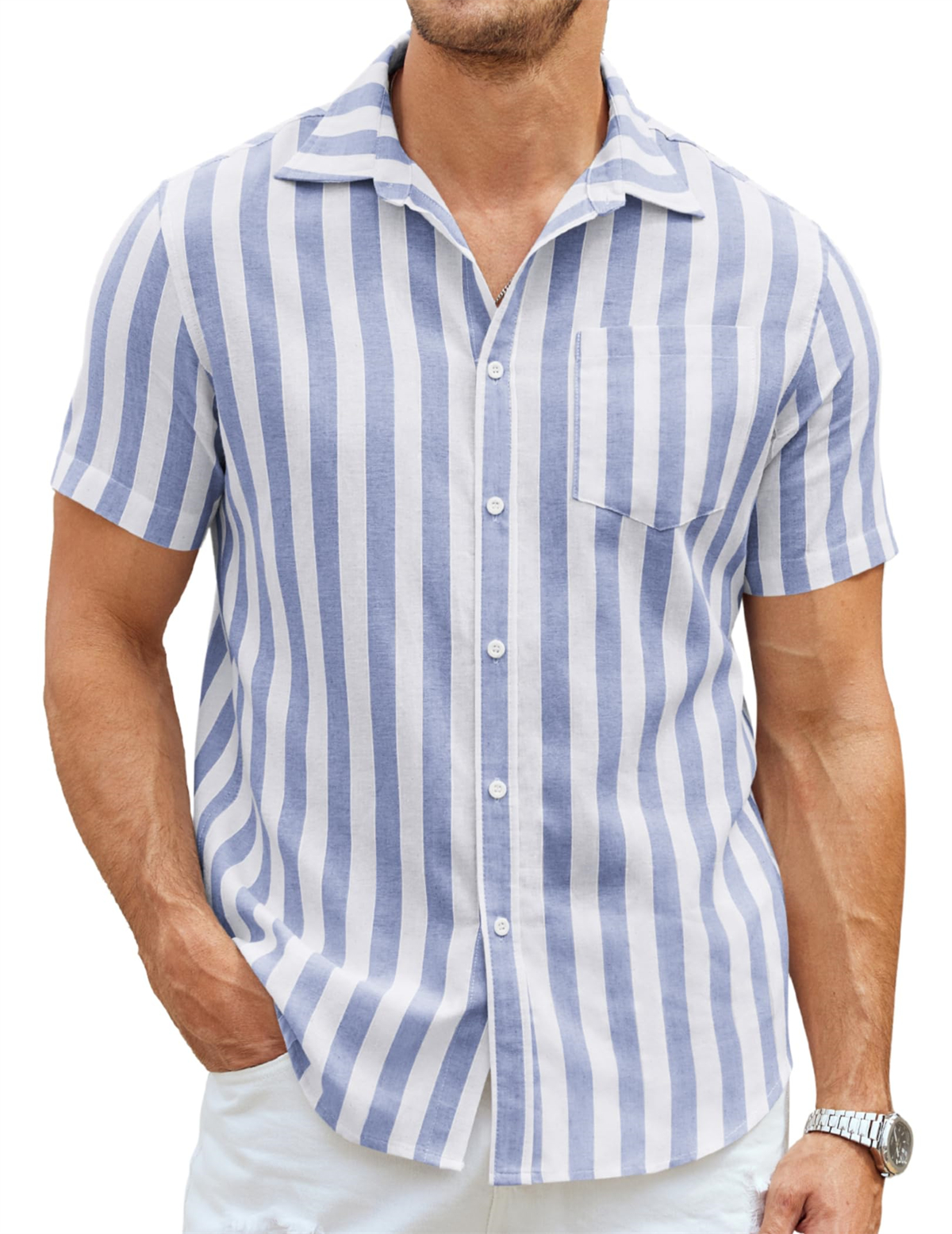 Men's Striped  Printed Casual Short-sleeved Shirt
