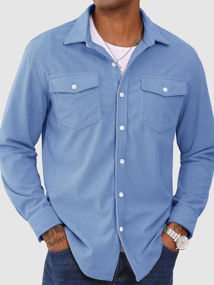 Men's Double Pocket Corduroy Solid Color Long Sleeve Shirt