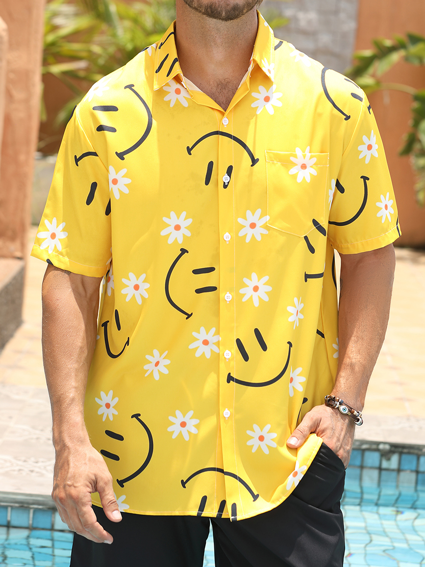 Men's Casual Hawaiian Smiley and Daisy Print Short Sleeve Shirt
