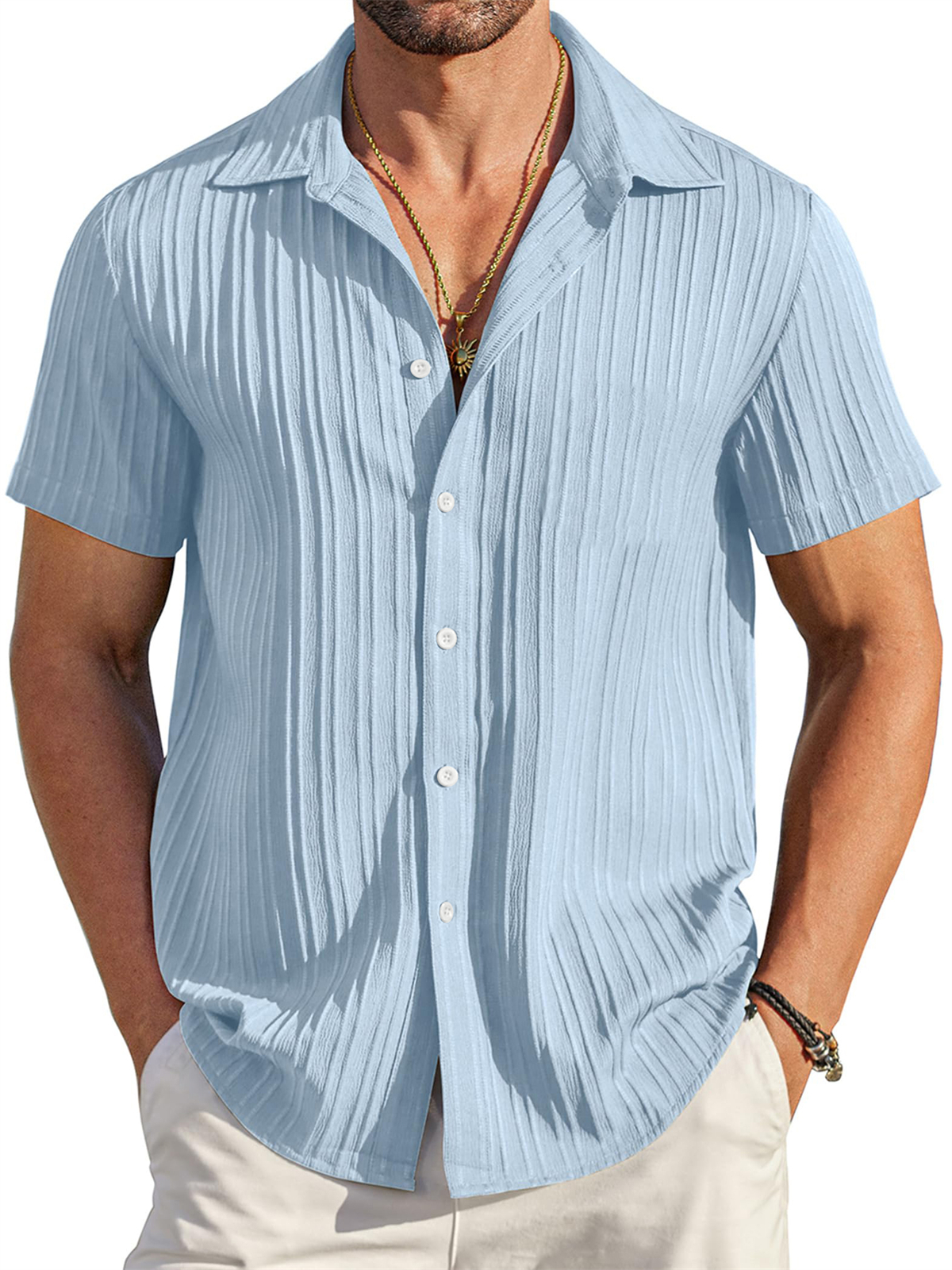 Men's Casual Comfortable Loose Textured Short Sleeve Shirt