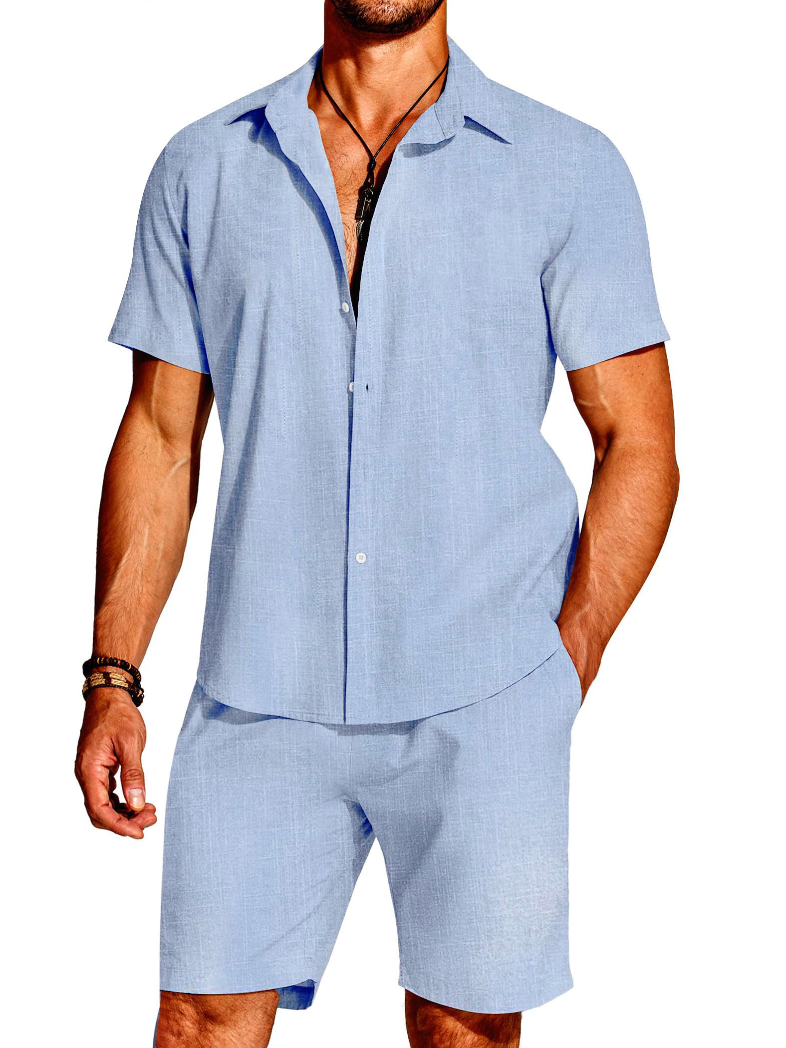 Hawaii Men's Fashion Linen Short Sleeve Shirt Short Sleeve Two Piece Set
