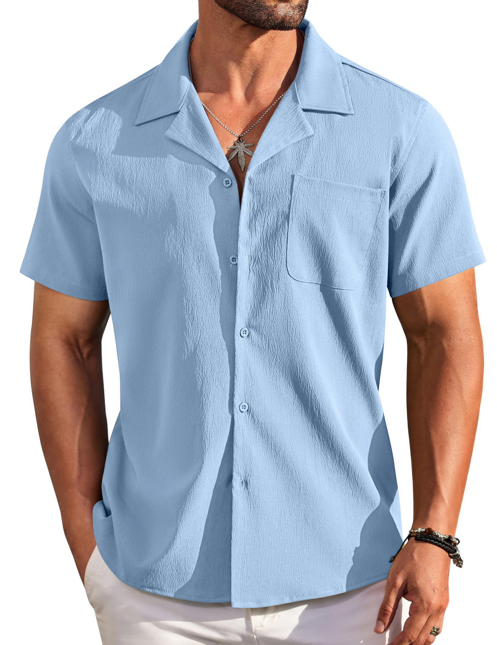 Hawaiian Men's Basics Casual Cuban Collar Pocket Short Sleeve Shirt