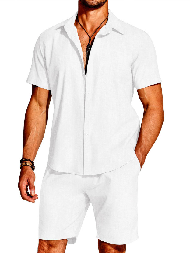 Hawaii Men's Fashion Linen Short Sleeve Shirt Short Sleeve Two Piece Set