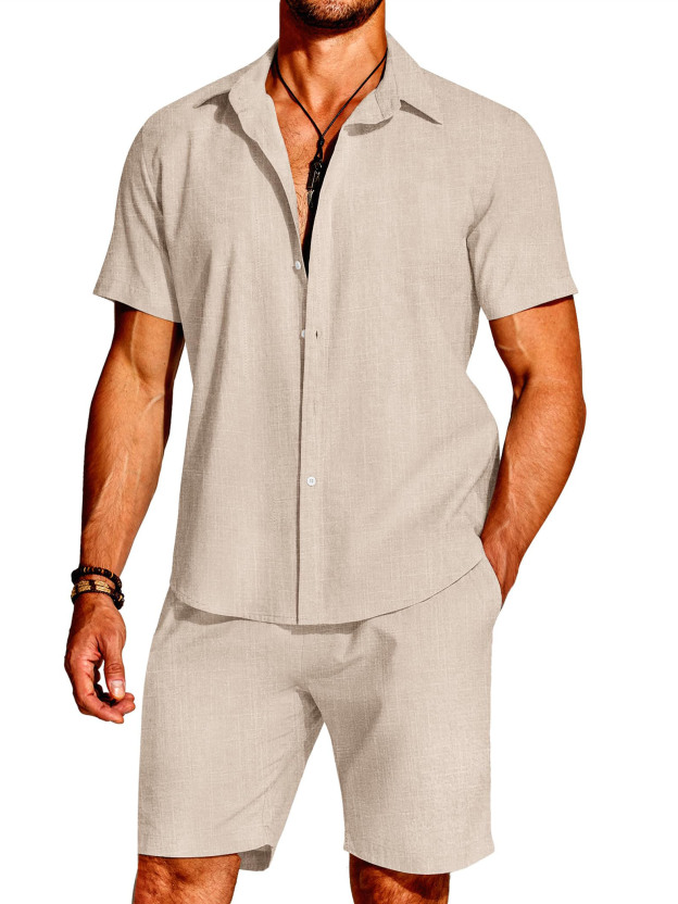 Hawaii Men's Fashion Linen Short Sleeve Shirt Short Sleeve Two Piece Set