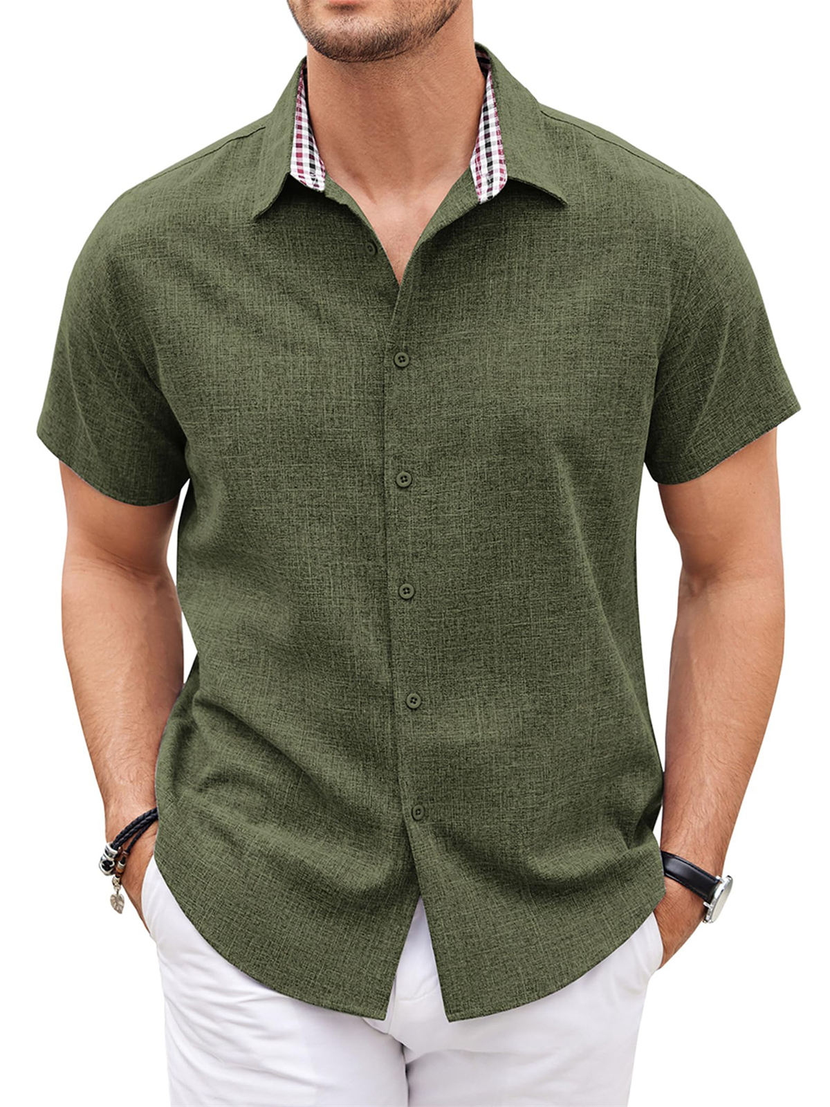 Mens Linen Shirt Short Sleeve Button Down Shirts Casual Plaid Collar Summer Beach Shirts