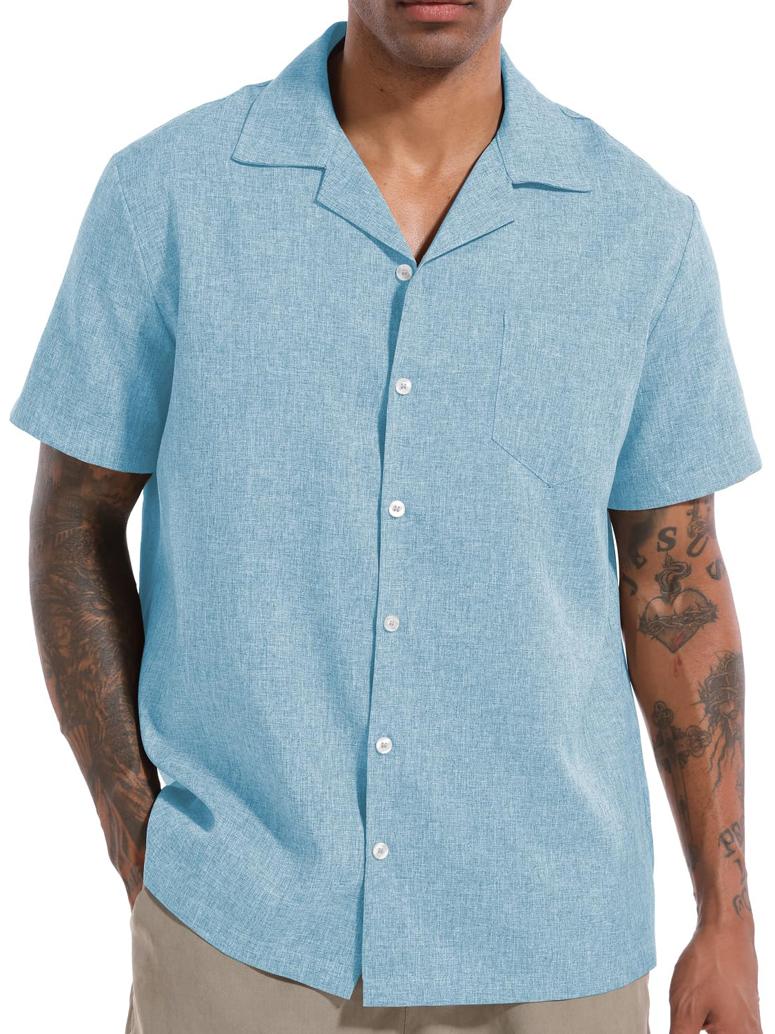 Men's Fashionable Cuban Collar Linen Pocket Short Sleeve Shirt