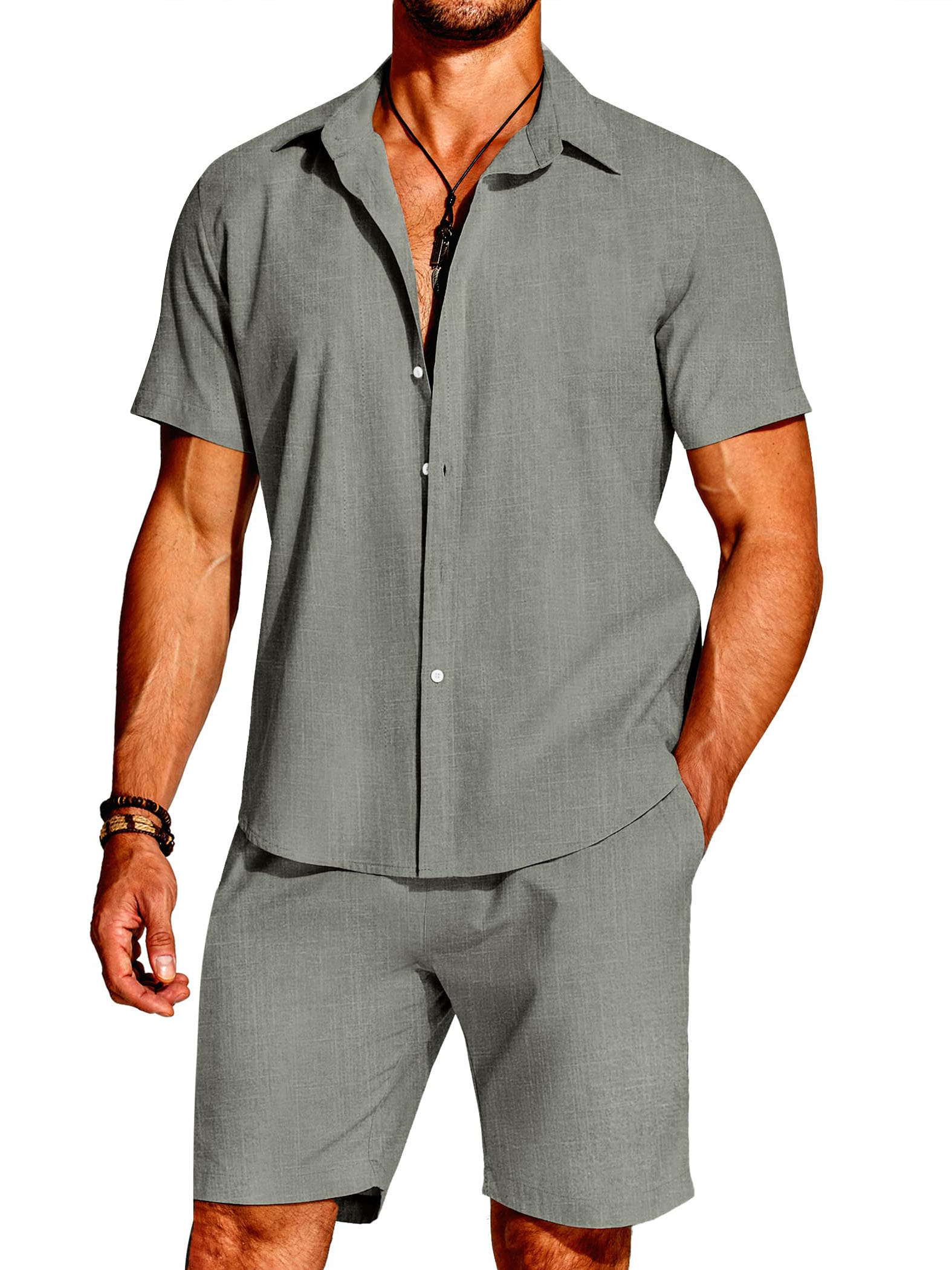 Hawaii Men's Fashion Linen Short Sleeve Shirt Short Sleeve Two Piece Set