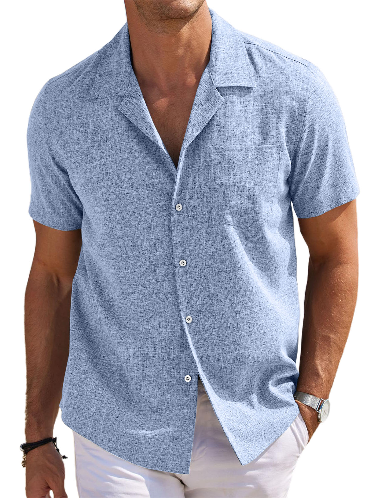 Men's Cuban Collar Cotton And Linen Pocket Basic Casual Shirt