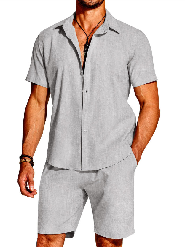 Hawaii Men's Fashion Linen Short Sleeve Shirt Short Sleeve Two Piece Set