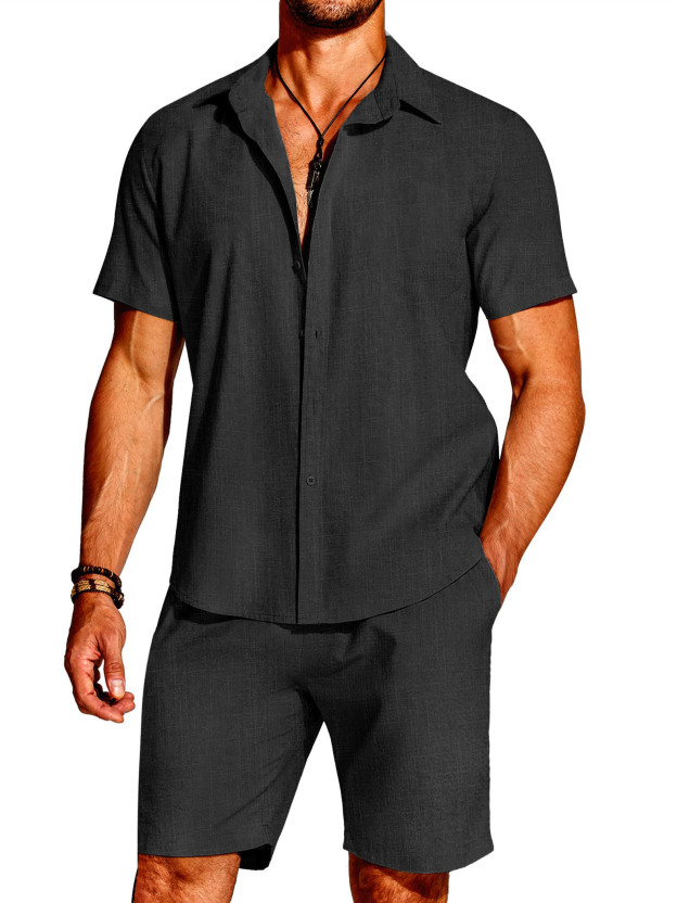 Hawaii Men's Fashion Linen Short Sleeve Shirt Short Sleeve Two Piece Set