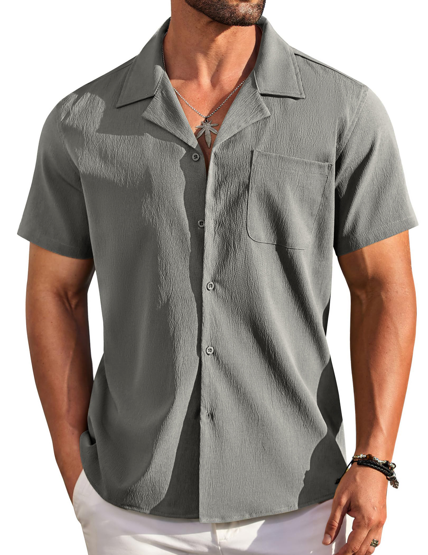Hawaiian Men's Basics Casual Cuban Collar Pocket Short Sleeve Shirt