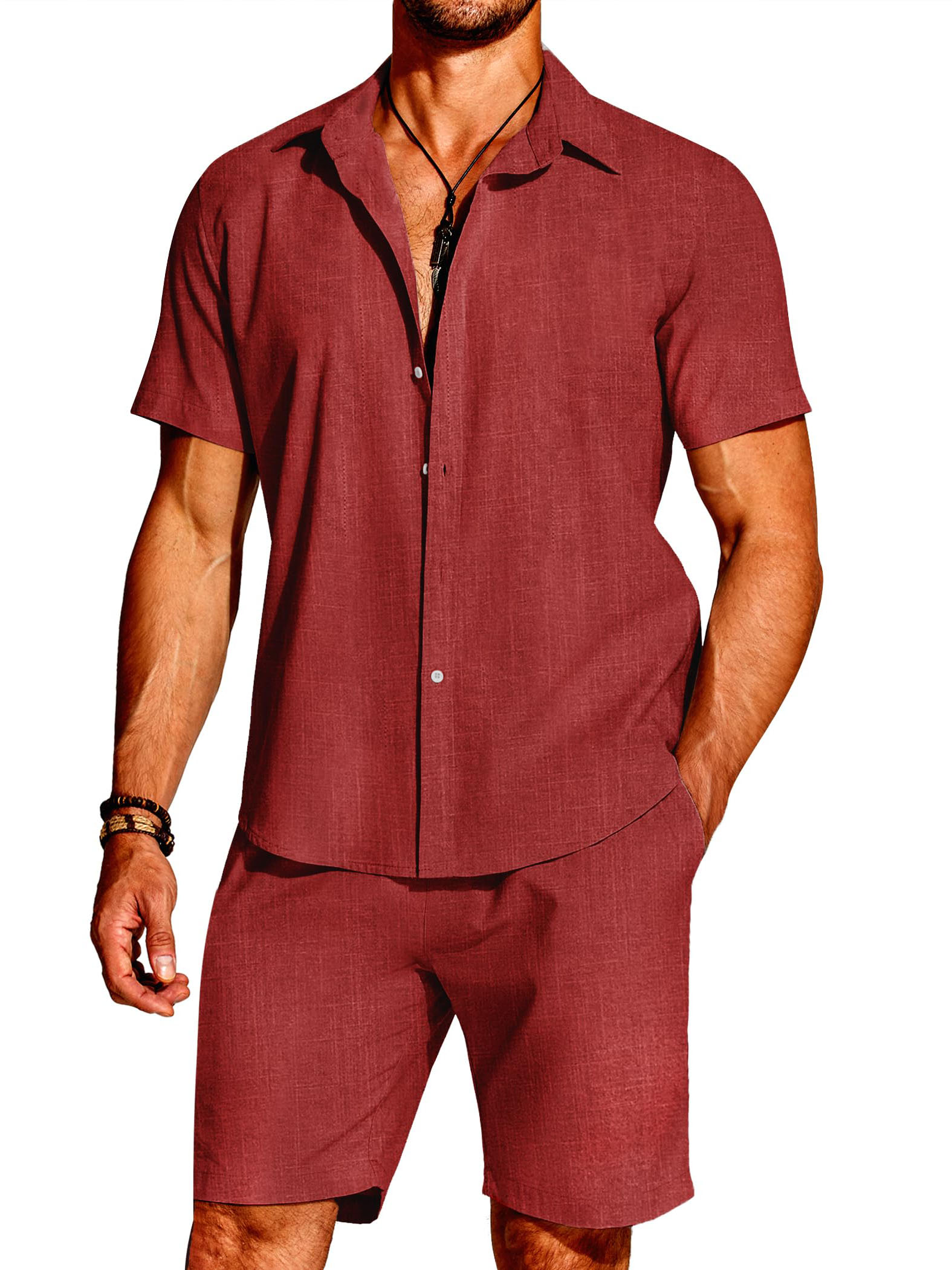 Hawaii Men's Fashion Linen Short Sleeve Shirt Short Sleeve Two Piece Set