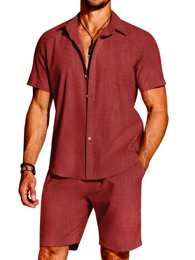 Hawaii Men's Fashion Linen Short Sleeve Shirt Short Sleeve Two Piece Set