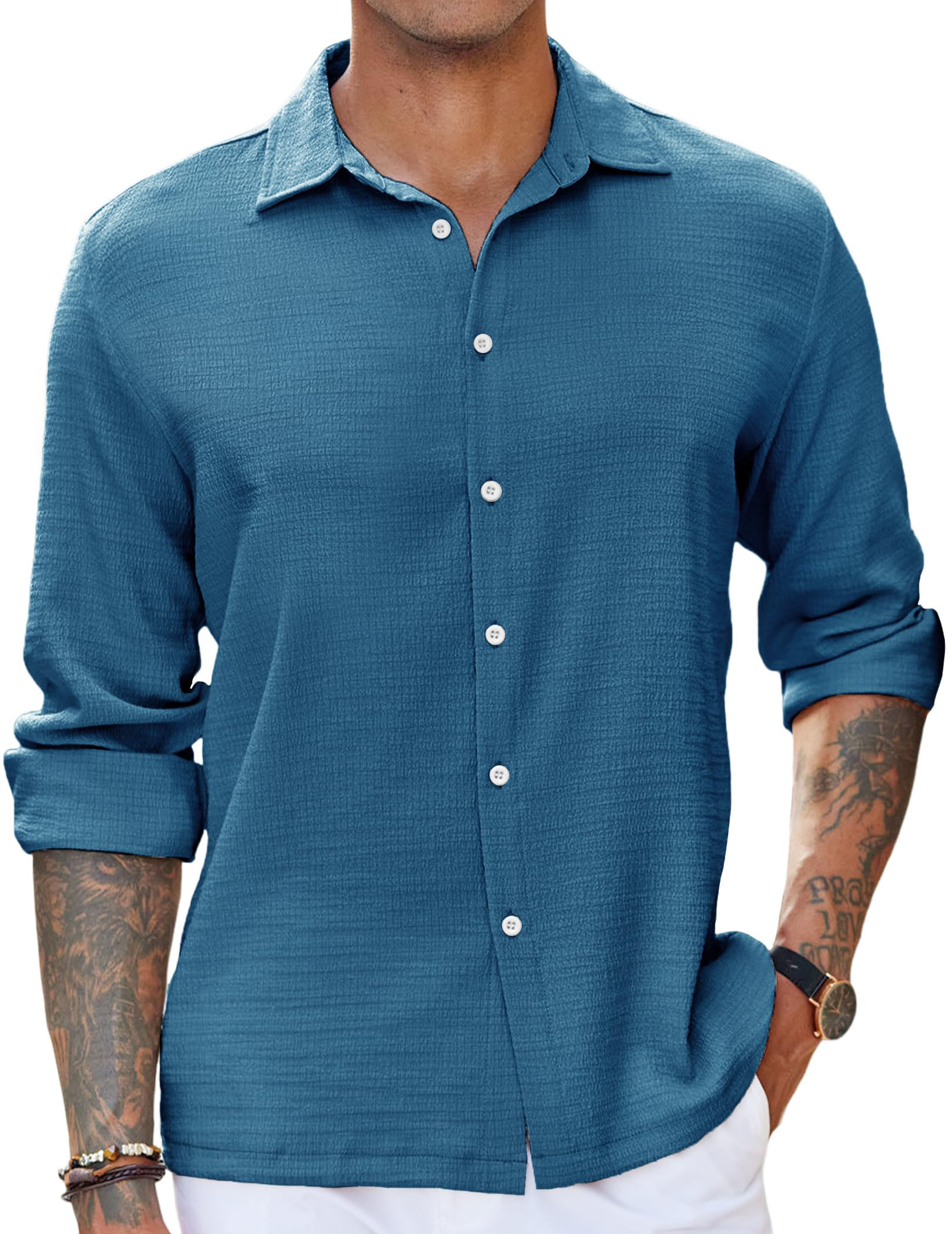 Men's Casual Long Sleeve Button-down Shirt Textured Wrinkle-free Shirt