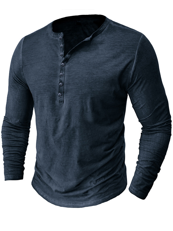 Men's Washed Distressed Cotton V-neck Henley Vintage Long-sleeved T-shirt