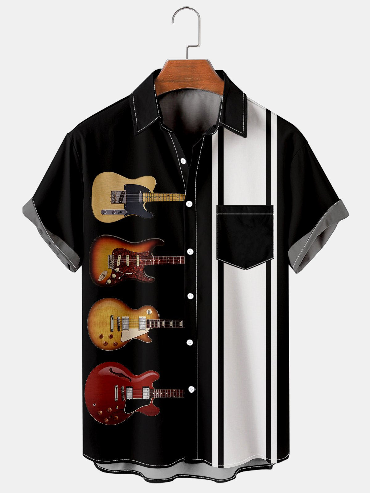 Men's Simple Music Guitar Striped Patchwork Casual Shirt-Mokaloha